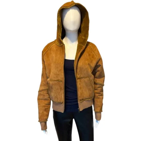 UGG Suede Leather and Faux Fur Lined Hooded Bomber Jacket | Size M - Picture 3 of 14